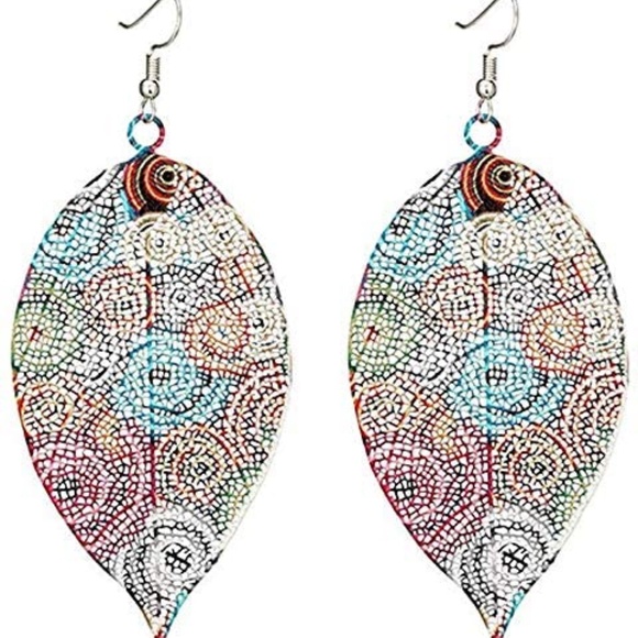 Sterling Silver Drop Earrings Leaf Print Vintage - Picture 2 of 3